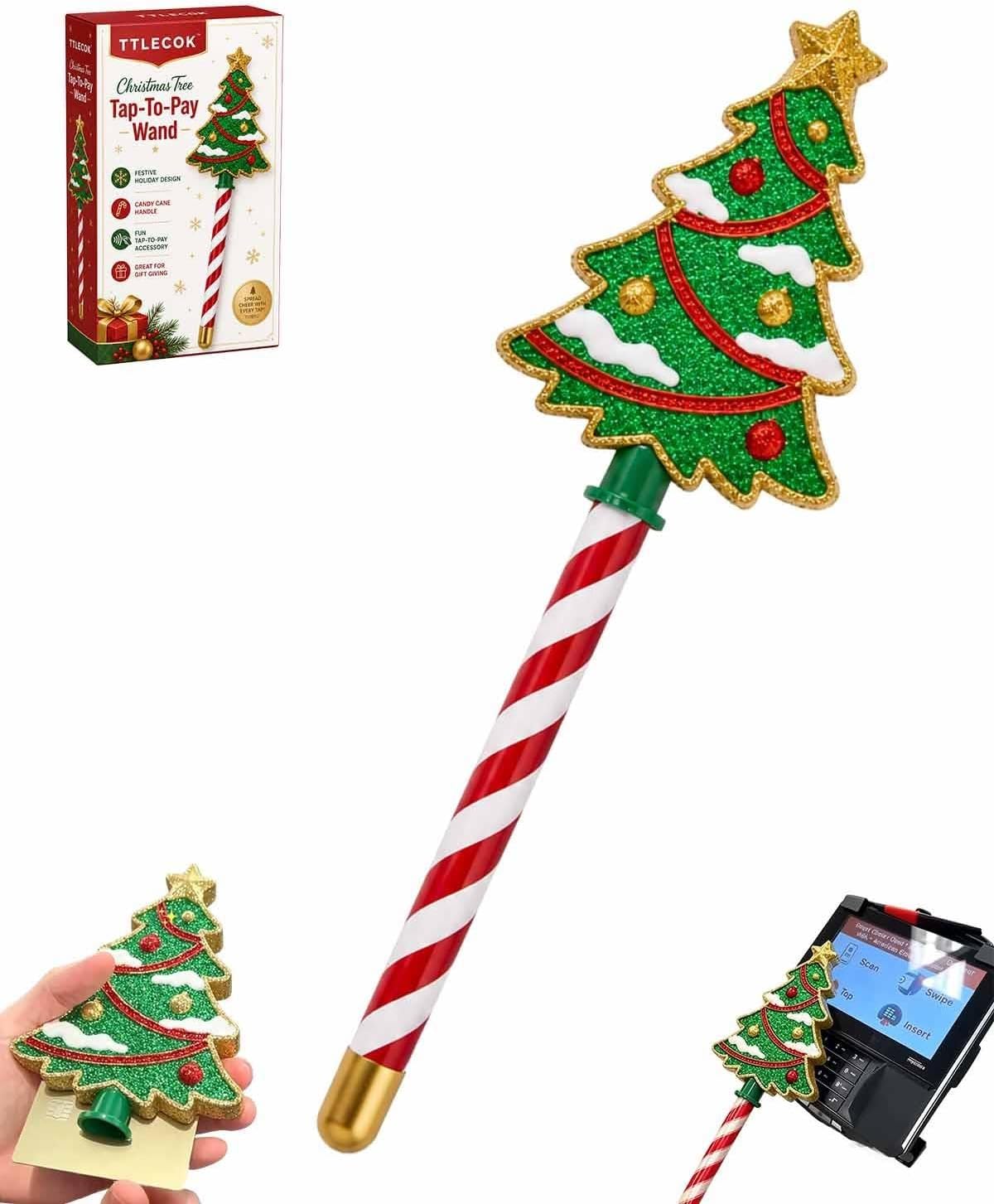 Christmas Tree Tap-to-Pay Wand 3D Printed Candy Cane Handle Contactless Card Holder Payment Stick Checkout Accessory Christmas Tree Handheld Accessory for Credit Debit Cards Main image