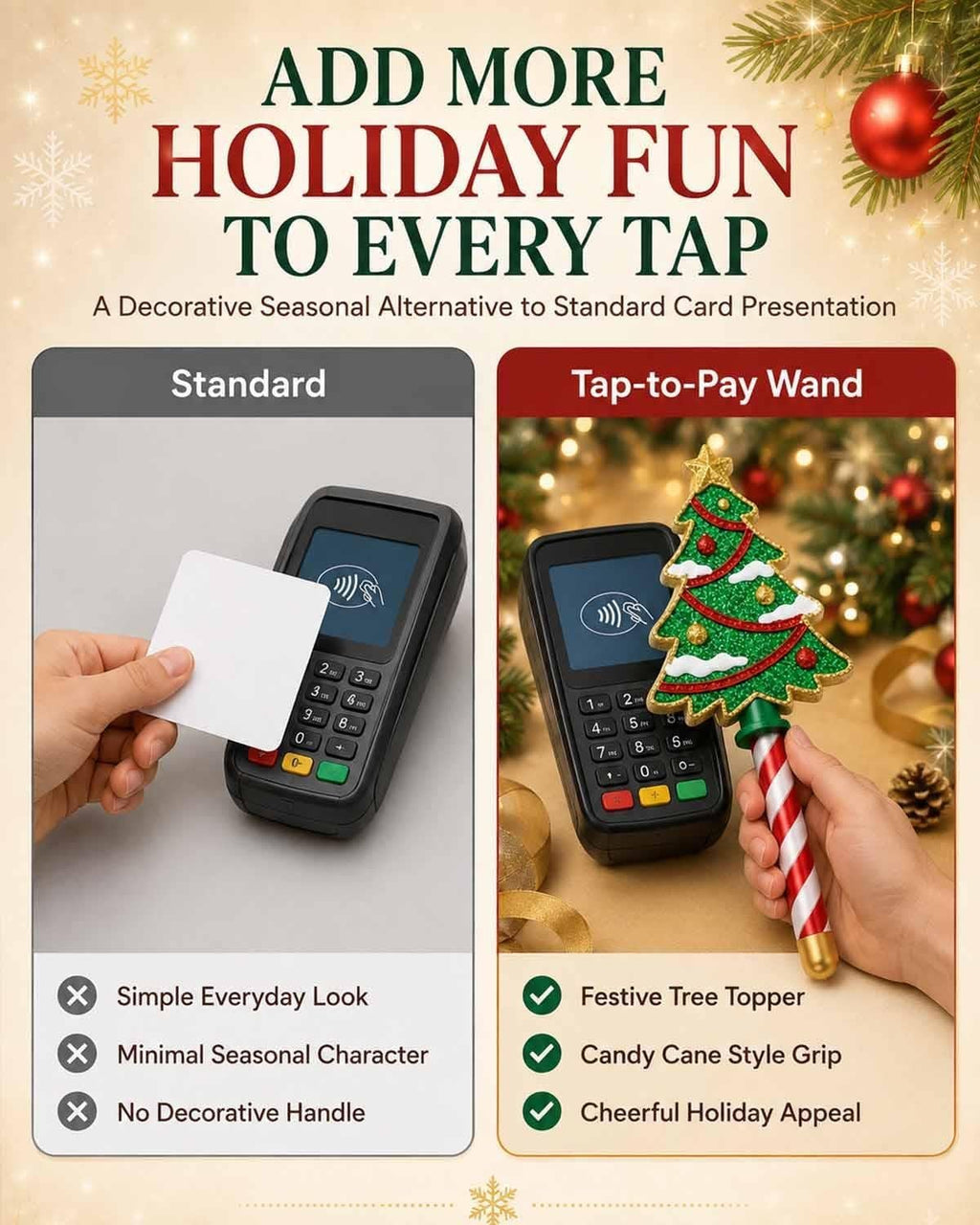 Christmas Tree Tap-to-Pay Wand 3D Printed Candy Cane Handle Contactless Card Holder Payment Stick Checkout Accessory Christmas Tree Handheld Accessory for Credit Debit Cards