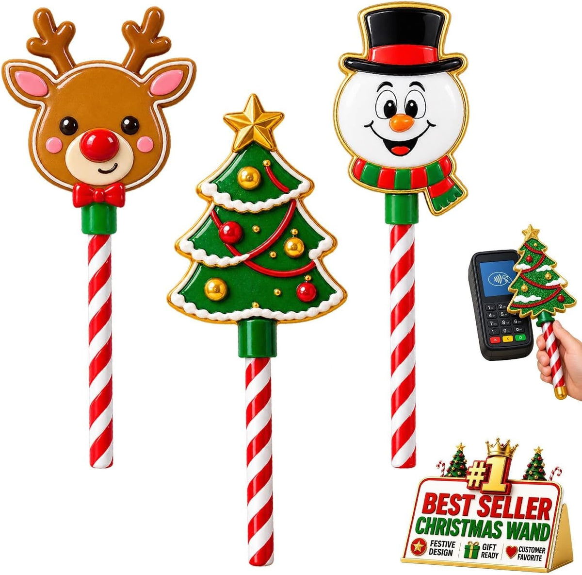 Christmas Tree Credit Card Wand Magic Tap To Pay Festive Payment Accessory | Contactless Checkout Prop For Compatible Terminals Cafes Markets Parties Display Holiday Gift(3pcs-a)
