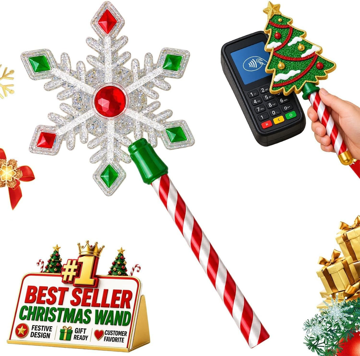 Christmas Tree Credit Card Wand Magic Tap To Pay Festive Payment Accessory | Contactless Checkout Prop For Compatible Terminals Cafes Markets Parties Display Holiday Gift(3pcs-a)