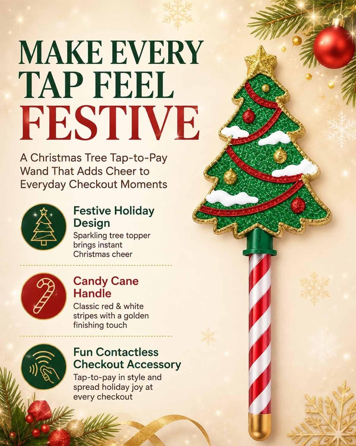 Christmas Tree Tap-to-Pay Wand 3D Printed Candy Cane Handle Contactless Card Holder Payment Stick Checkout Accessory Christmas Tree Handheld Accessory for Credit Debit Cards Secondary image
