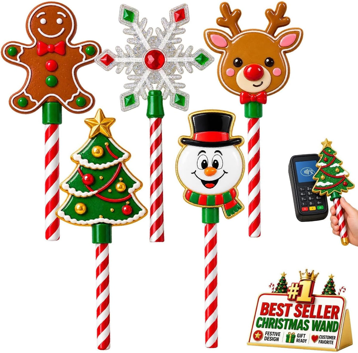 Christmas Tree Credit Card Wand Magic Tap To Pay Festive Payment Accessory | Contactless Checkout Prop For Compatible Terminals Cafes Markets Parties Display Holiday Gift(3pcs-a)